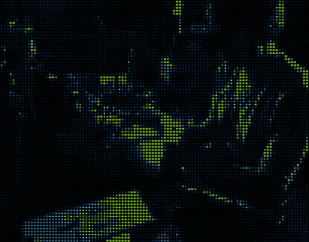 Jake Adler working on a circuit board at a microscope, rendered in blue and green glyphs. Photo: Pilgrim Inc.