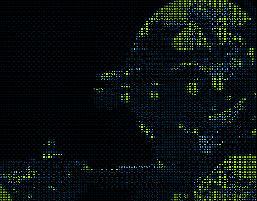 A skull rendered in Pilgrim's blue and green glyphs